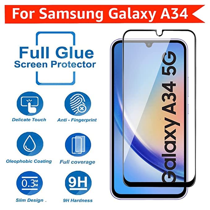 Image of ZARALA Tempered Glass Screen Protector Compatible for Samsung Galaxy A34 (Black) with Edge to Edge Coverage and Easy Installation kit