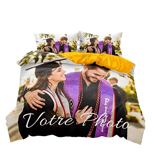 POKHDYE Personnalisée Housse Couette en Microfibre avec 2 Taie d'oreiller 65x65 cm , idéal Cadeau, Cadeau Photo et Texte Personnalisable (Jaune,260 x 240 cm)