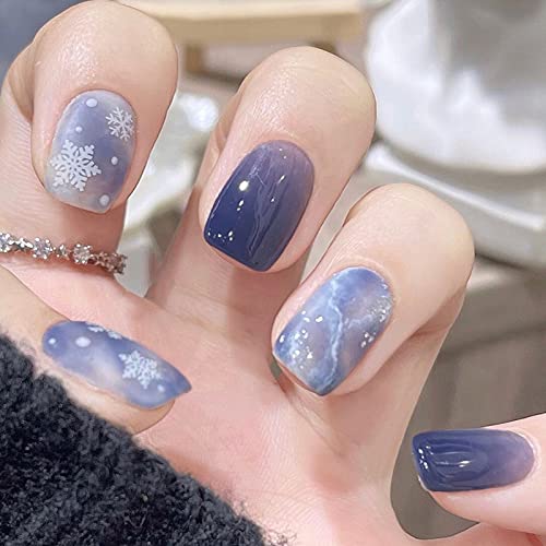 24 Pcs Snowflake Press on Nails Short Christmas Fake Nails Square Shape Stick on Nails Full Cover Christmas Glue on Nails Winter Blue White Acrylic Nails for Women DIY Decorations