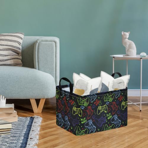 Image of MAIZMZ Game Controller Storage Bin, Waterproof Linen Laundry Basket with Handles for Game Room Bed, Gifts,Toys