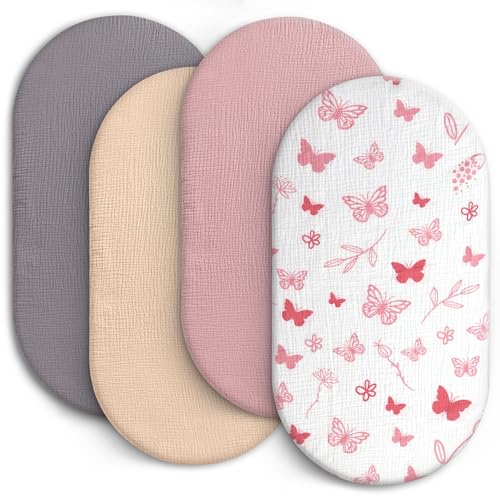 Image of 100% Muslin Baby Bassinet Sheets for Baby Boy Girls,4-Pack Fitted Bassinet Sheets Set Compatible with Halo Bassinest Swivel Sleeper,Baby Delight,Angelbliss,32 inchX16 inch (Pink Butterfly)
