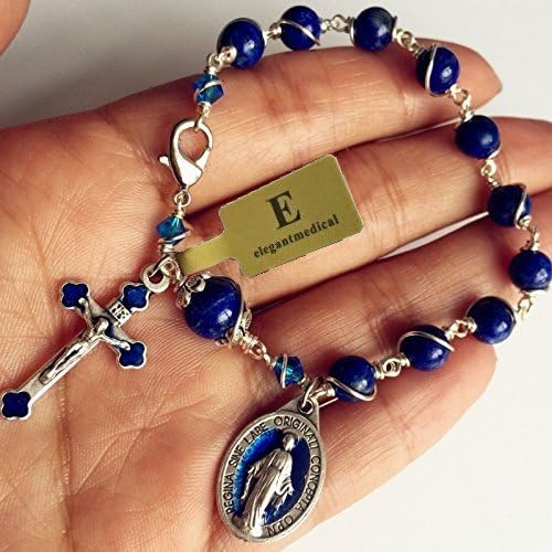 elegantmedical CATHOLIC Silver Wire Wraped Lapis lazul BEAD BRACELET ROSARY CROSS - Image 4
