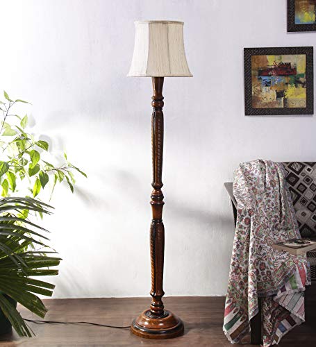 Image of Devansh Off White Cotton Cylindrical Drum Designer Fashionable Wooden Carving Floor Lamp for Home Decor (Off White, Medium)