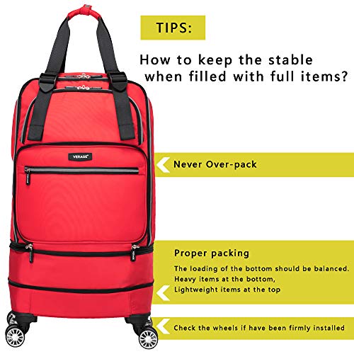 Foldable Luggage Bag with Spinner wheels，Expandable Collapsible Rolling Duffel Bag,Large Suitcase for Travel,Checked Luggage 24/28inches (2 in 1),Red