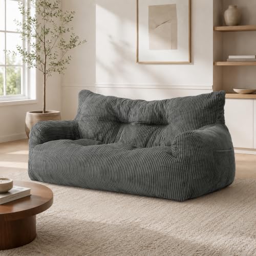 Fkhouse 59 Bean Bag Chair 2 Seat Loveseat Sofa Corduroy Lazy Sofa Bed for Adults Fit Living Room Bedroom Outdoor Spaces Ultra Soft Dutch Velvet Fluffy Comfort Cover Grey