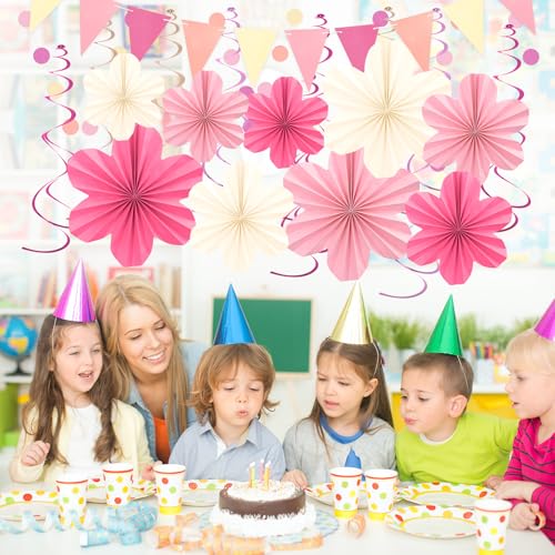 Image of Pink and Yellow Party Decorations Pink Floral Birthday Decoration Supplies | with Colorful Hanging Paper Flowers Tassel Garland and Swirls for Baby Showers Bachelorette Party Supplies Classroom Decor