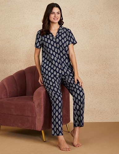 Image of Amazon Brand - Myx Women Cotton Shirt and Relaxed Pajama Set | Night Suit Set (Available in Plus Sizes)