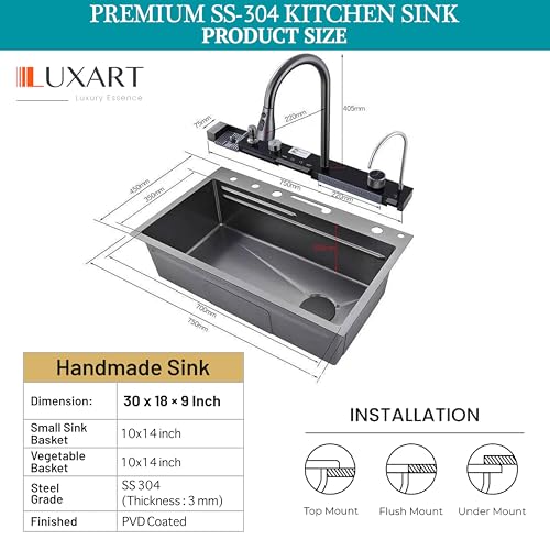 Image of LUXART 5 Switch Piano Stainless Steel Multifunction Kitchen Sink 30x18x10 Inch - LED Digital Display & RO Tap Multifunctional Sink | Honeycomb Design Smart Sink with Waterfall & 360 Pull-Down Faucet