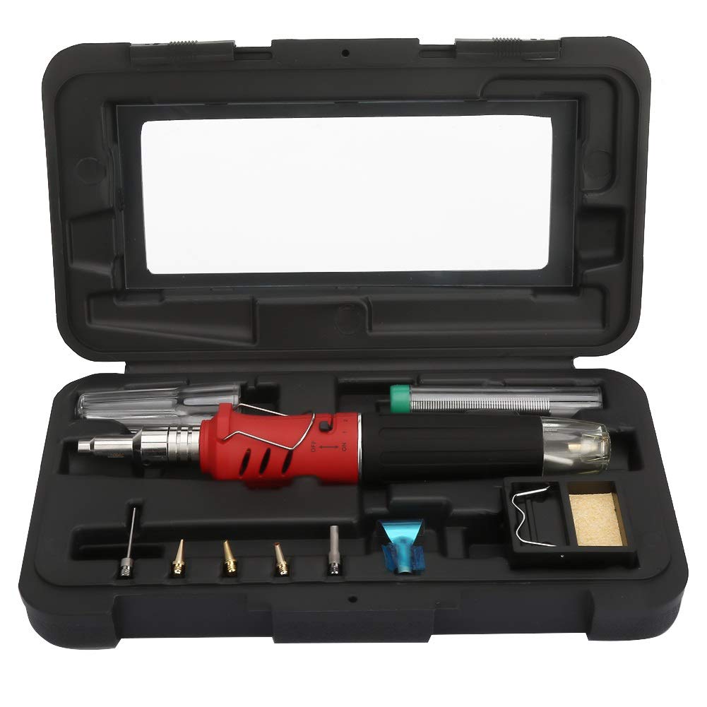 BiuZi Lutownica gazowa 1 zestaw HS-1115K wielofunkcyjny zestaw lutowniczy gaz butan 80-150 W bezprzewodowy zestaw lutowniczy gaz lutowniczy (czerwony, złoty) (kolor: Czerwony)