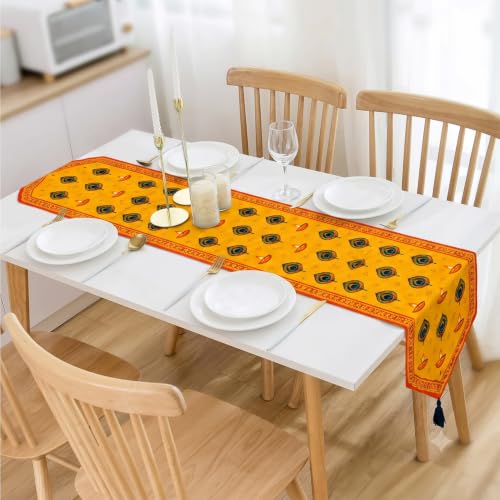 Image of Dining Table Runner -Diwali Indian Diya with Peacock Print Theme,Digital Print, Washable, Indoor /Outdoor, Heat-Proof, Wipe & Clean (135X33 cm) Yellow & Multi