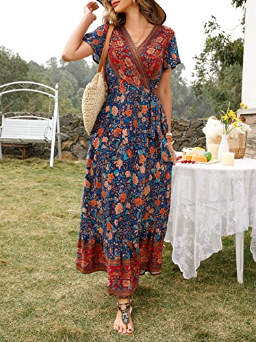 Zesica Women's 2023 Bohemian Floral Printed Wrap V Neck Short Sleeve Split Beach Party Maxi Dress,Royal Blue,Small #TOP1