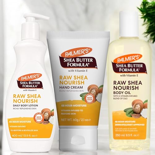 Shea Butter Formula Skin Care Bundling with Palmers Daily Body Lotion, Hand Cream & Body Oil | 48-Hour Moisture | Vitamin Infused to Restore Skin | 3 Pack