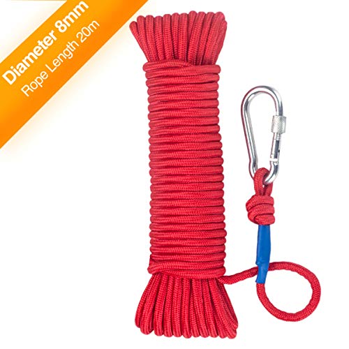 Wukong Fishing Magnet Rope w/Carabiner, 8MM x 20M(65ft) Nylon Twisted Braided Rope,550 Lbs