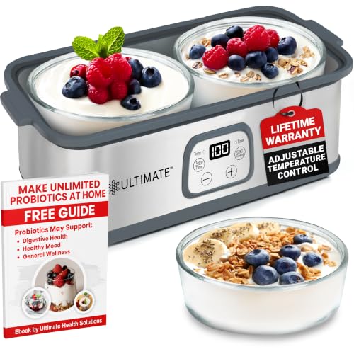 Ultimate Probiotic Yogurt Maker with Adjustable Time & Temperature Control, Make Trillions of Probiotics for Better Gut Health, Two 1-Quart Containers for Larger Batches, UNLIMITED LIFETIME WARRANTY