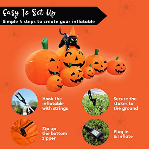 Image of Joiedomi 7 FT Long Halloween Inflatables Pumpkin Outdoor Decorations, 7 Pumpkins Outside Decoration with Witch's Cat with Build-in LEDs Blow Up Inflatables for Party Yard Lawn Garden Decor