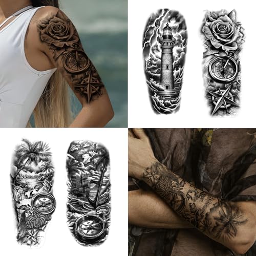 Image of 77 Sheets Pirate Temporary Tattoos Adult,Captain Anchor Compass Sailboat Tattoos, Pirate Ships Flag Skull Crossbones Sailor Fake Tattoo for Costume, Fake Arm Tattoos for Men Women Kids