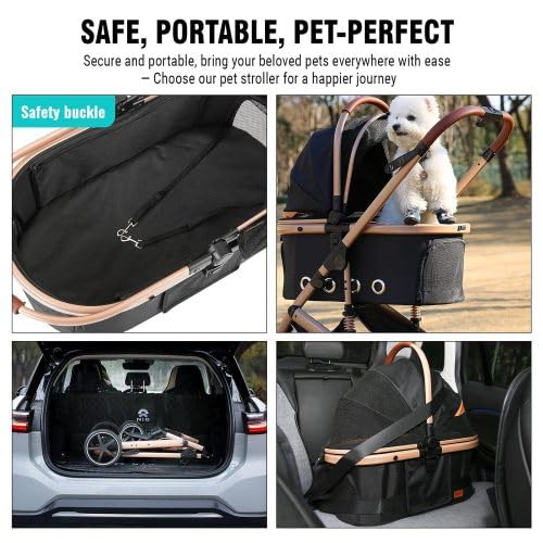 4 in 1 Pet Stroller Folding Lightweight Cat & Dog Stroller with Detachable Carrier NO-Zip 180° Reversible Canopy All Terrain 4-Wheel 45 lbs Capacity for Small to Medium Dogs