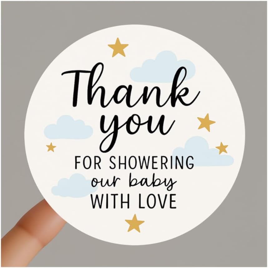 120 x Thank You for Showering Our Baby with Love Stickers – Round Baby Shower Favor Labels with Cloud and Star Design – Party Thank You Stickers – 1.6 Inch