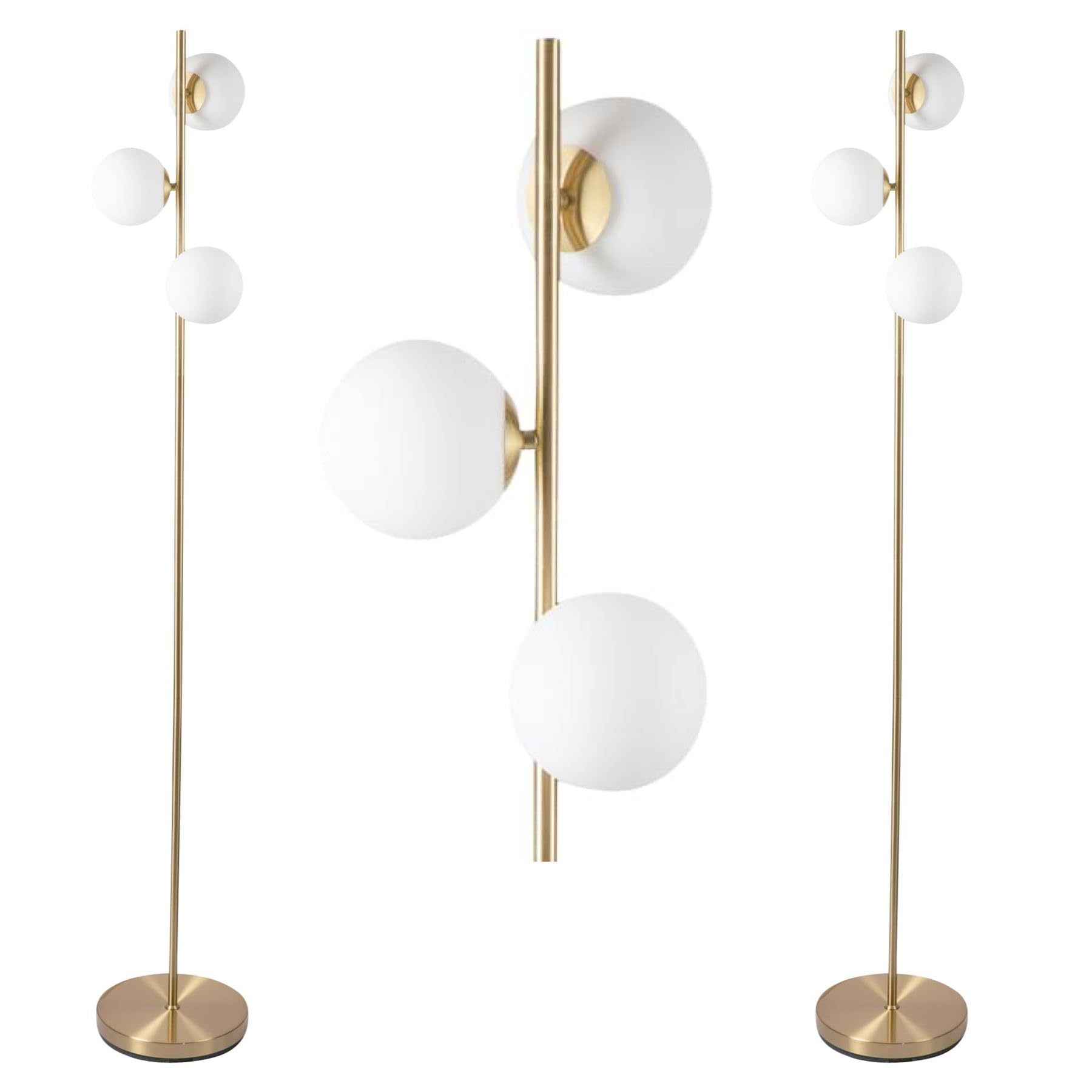 Firstchoicelighting Satin Brass & White Pair Modern Satin Brass Stem Floor Lamps With Opal Globe Glass Shades