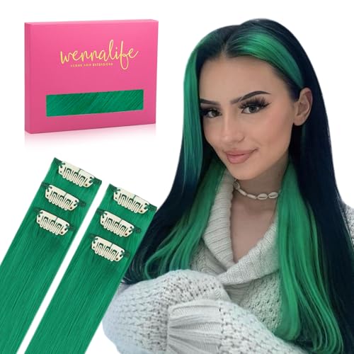WENNALIFE Green Clip in Hair Extensions Real Human Hair 35g 6pcs 16 Inch Colored Hair Extensions for Kids Women Colorful Hair Pieces Pop-up Style Straight Extensiones De Cabello Humano Con Clip