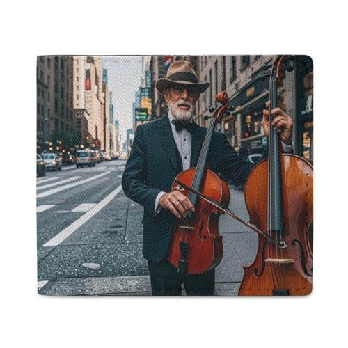 Street Singer And Double Bass Player Wallet Elegant Leather Wallets with ID Window & 2 Card Slots, Slim Bifold Wallet for Men Women