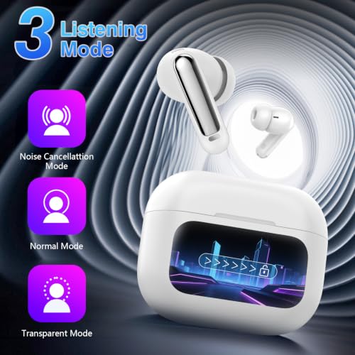 Image of Thunelec Wireless Earbuds with Touch Screen, 2026 New Bluetooth 5.4 Headphones with ANC /ENC Mic, 50H HiFi Stereo Ear Buds with 5 EQ Modes, Transparency Mode, IPX7 Earphones for Running /Fitness, White