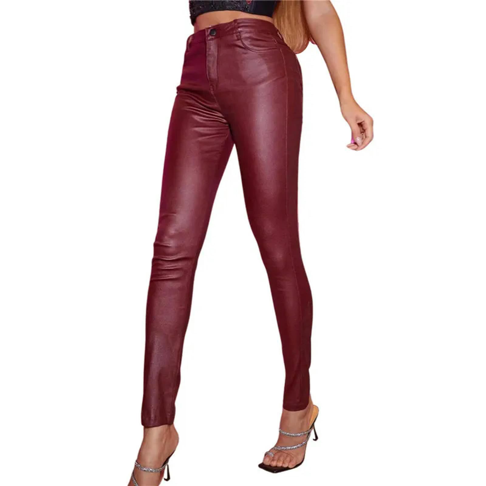 Pantaloni in Pelle PU Pantaloni a Matita Streetwear Tinta Unita a Vita Alta Casual da Donna