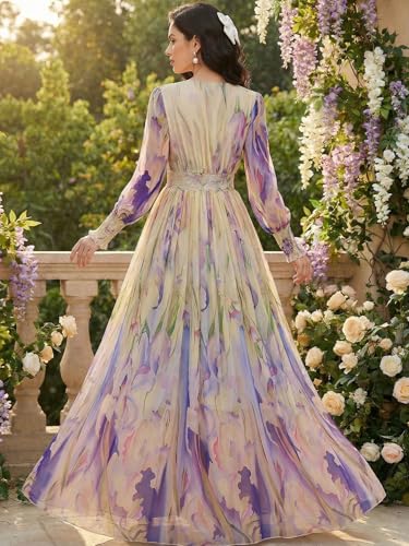 Image of TOLEEN Summer Casual Dresses for Women 2024 Spring Fashion Boho V Neck Long Sleeve Ruffle Floral Print Elegant Maxi Dress