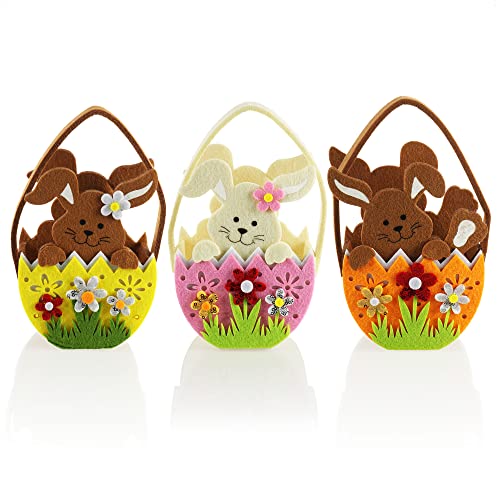 com-four® 3x Lindas bolsas de fieltro - Canasta de fieltro en forma de conejito de Pascua para llenar y regalar (3 bolsillos - 17x13cm)