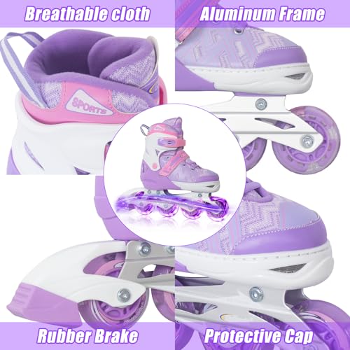 Image of Nattork Adjustable Inline Skates for Tollder Girls with Light up Wheels - Purple Little Kids Blade Roller Skating for Beginners Size 10J 11J 12J Ages 4 5 6