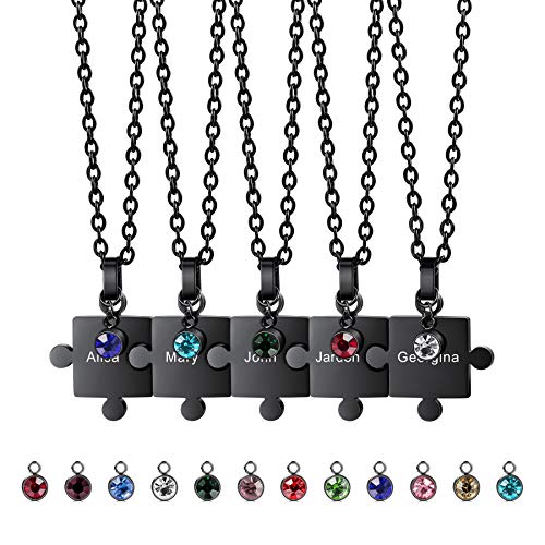 MeMeDIY Personalized Jigsaw Puzzle Pendant Necklace Engraving Name Date for Couples Women Men Customized Birthstone Stainless Steel Jewelry for Family Love Friendship (5 Pieces Black Color+Birthstone)