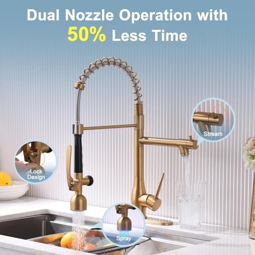 Image of GIMILI Gold Kitchen Faucet with LED Single Handle Kitchen Sink Faucet with Pull Down Sprayer Commercial Double-Headed Stainless Steel Kitchen Faucets Sink with Deck Plate
