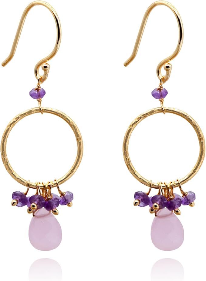 Boucles d'oreilles fait main en or 18 carats et véritables pierres de quartz rose
