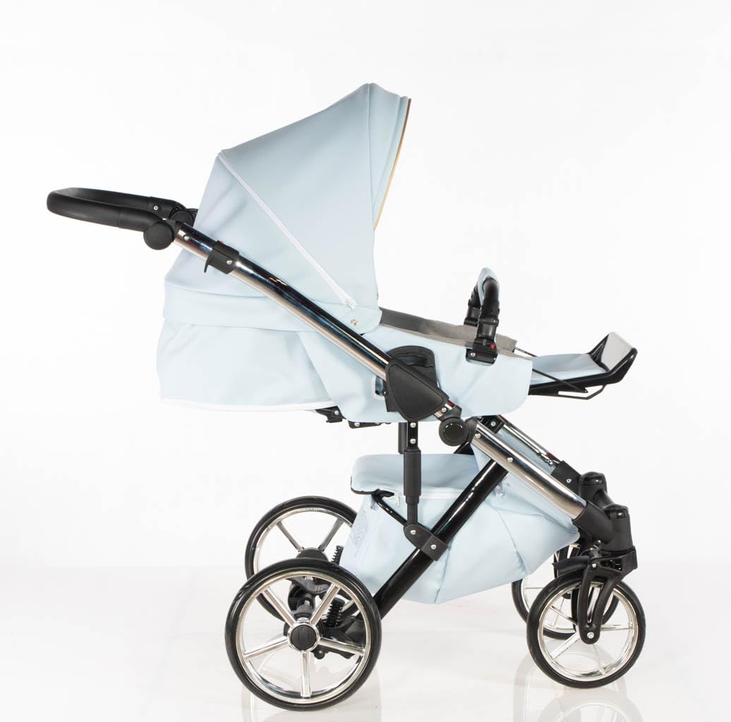 Cochecito NAVI Kajtex BBtwin 3en1 polipiel, carro de bebé 3 piezas con corona, Trio eco-piel, cuero sintetico (blue)