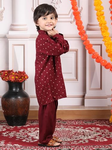 Image of POLKA TOTS Boys Cotton Ethnic Kurta Pajama Set with Attached Koti | Ethnic Motif Wear Kids Kurta Pyjama for Boys & Toddlers | Traditional Dress for Weddings & Festivals | Festive Jubba Set for Babies
