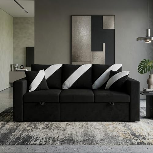 Image of FURNY Trivia 4 Seater LHS Lounger Sofa Cum Bed (Black) with Pull-Out Function | Luxury Velvet Suede Finish | Durable Comfort | Ideal for Living Room
