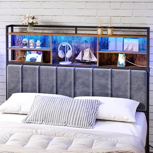Hzuaneri Headboard with 3-Tier Storage Shelves, Velvet Upholstered Head Board with 2 Outlets, USB Ports & LED Light, Soft Backrest for Queen Size Bed, Rustic Brown and Black BH15201BV1