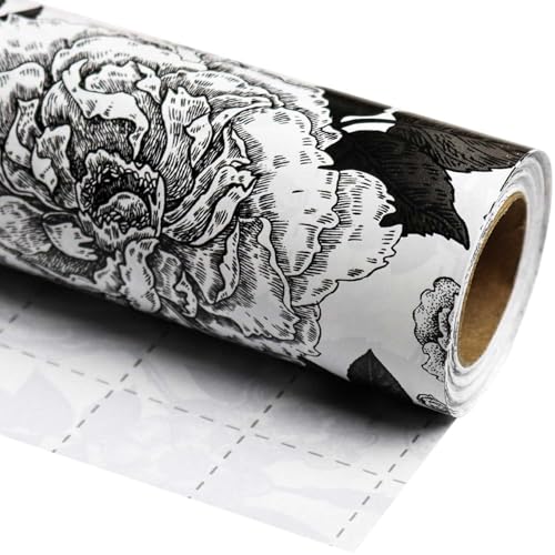 YXTII Black and White Wrapping Paper with Cut Lines Flower Gift Wrap for Birthday Wedding Baby Shower Valentines Christmas Bridal Shower 17 Inches x 9.8 Feet Mini Roll