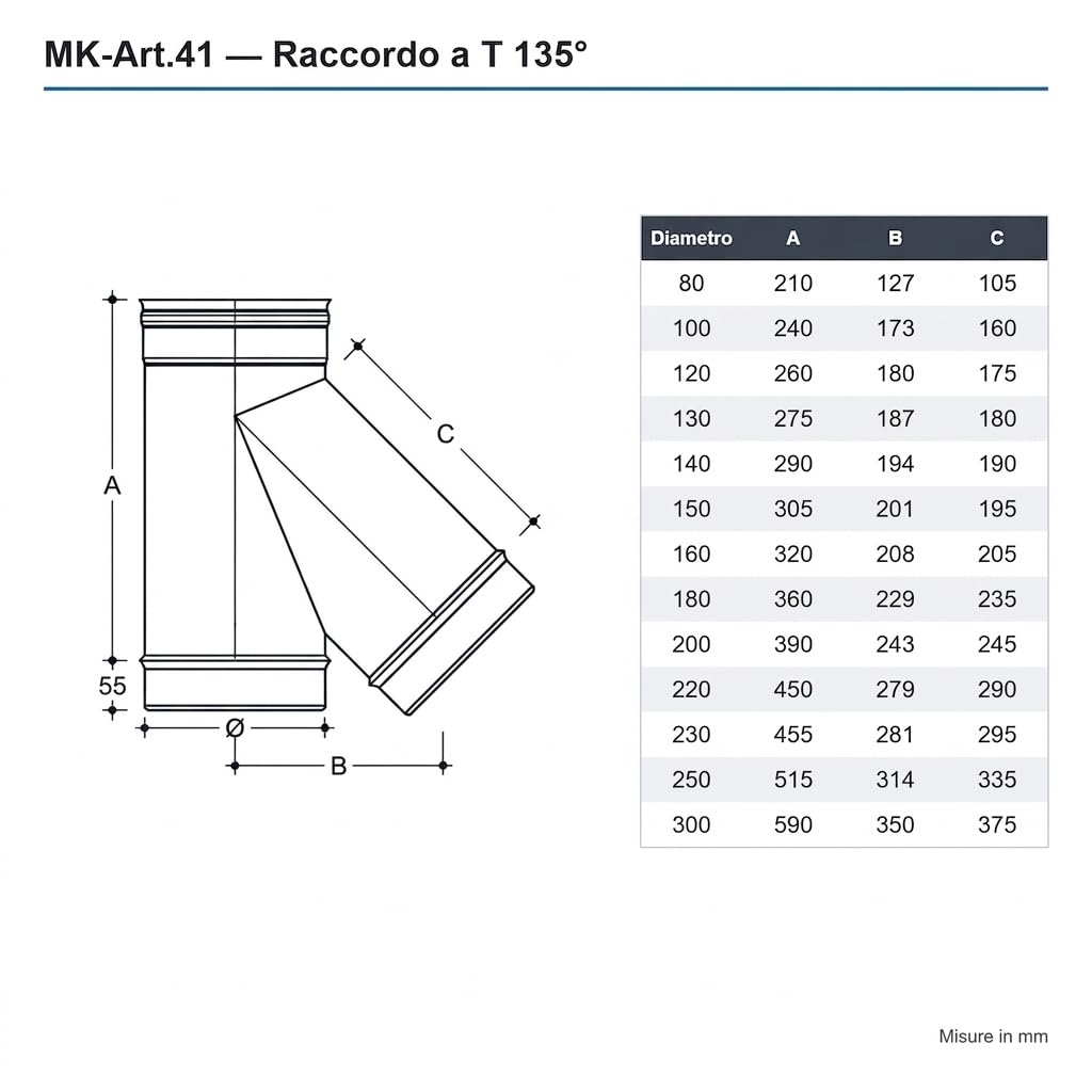 MAKA Raccordo a T 135° Braga per Canna Fumaria in Acciaio Inox, Raccordo Inclinato Monoparete per Stufa a Legna Pellet e Caldaia (Ø 120 mm, AISI 304)