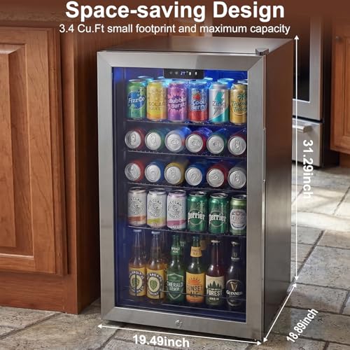 Image of 20 Inch Beverage Refrigerator, Mini Fridge with Glass Door for Soda Beer- 130 Can Small Fridge for Home Office Bar, 3.4 Cu.Ft Drink Cooler with Reversible Door, Digital Temperature Control