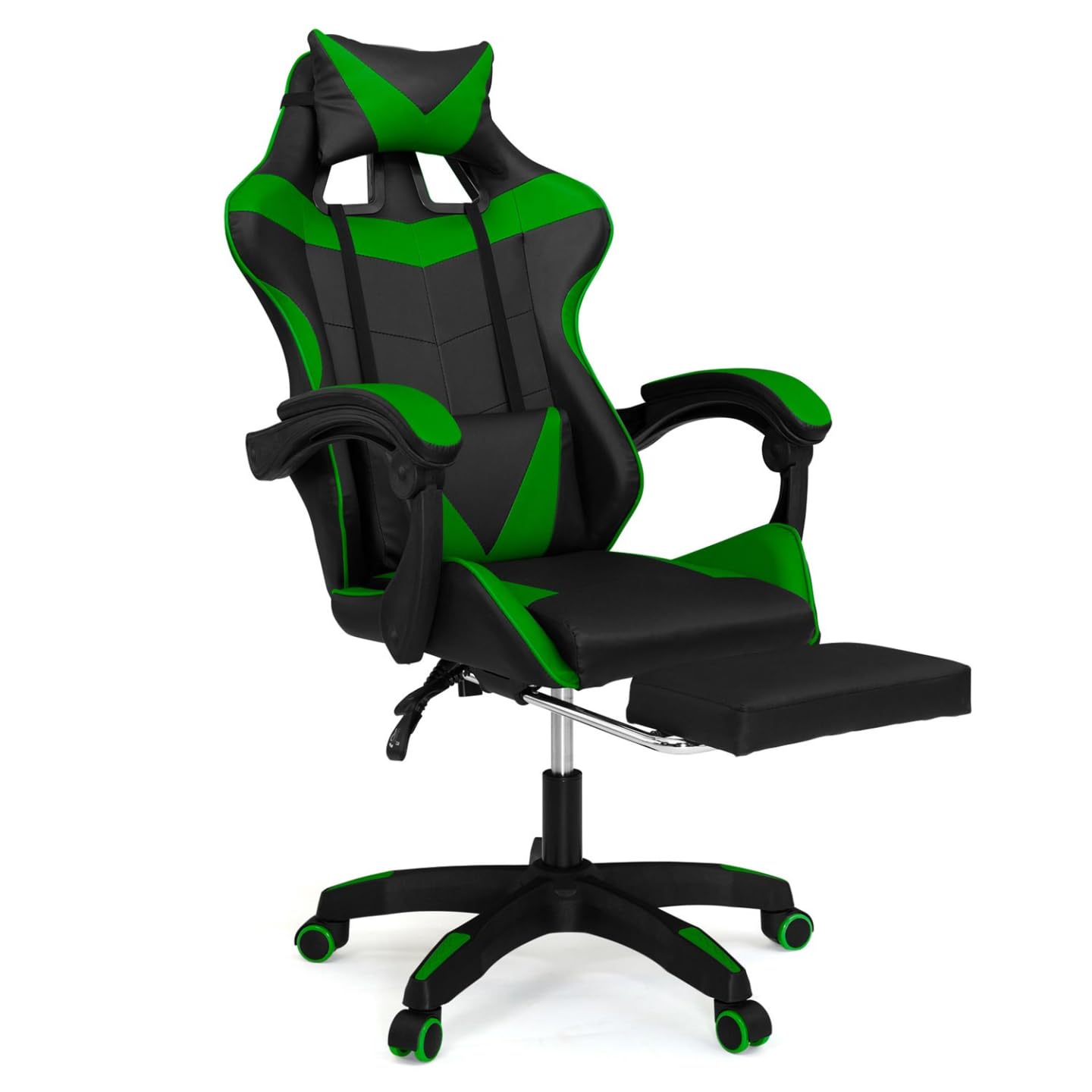 IDMarket Alex - Sillón de juego ajustable con reposapiés, cojín de cabeza y cojín Lumbar, color negro y verde