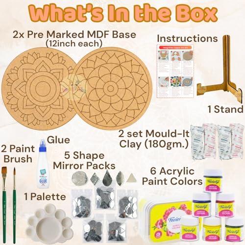 Image of ImagiVibe DIY Lippan Art Kit for Kids and Adults | 2 Pre-Marked 12 Inch MDF Boards with Stand | Indian Folk Art Craft Kit with Clay Mirrors and 6 Non-Toxic Acrylic Paint Colors | Wall Decor DIY Gift Kit (12inch Acrylic Colors)