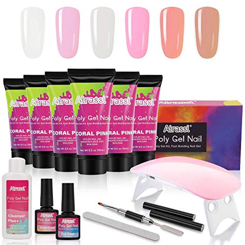 Poly Nail Gel Kit, Nail Extension System 6 Colors Set, Nail Enhancement for Professional Nail Salon with Slip Solution and LED UV Lamp For French Nail Art