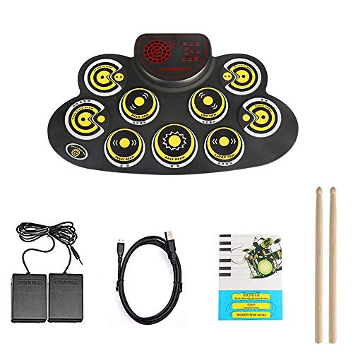 Xunmaiffe Foldable 9 Pads Electric Roll Up Drum Set Foldable Silicon Table Hand Roll Drum Music Instruments, Battery/Usb Powered, With Built-In Speaker For Children Beginners For Beginner, Yellow #TOP5