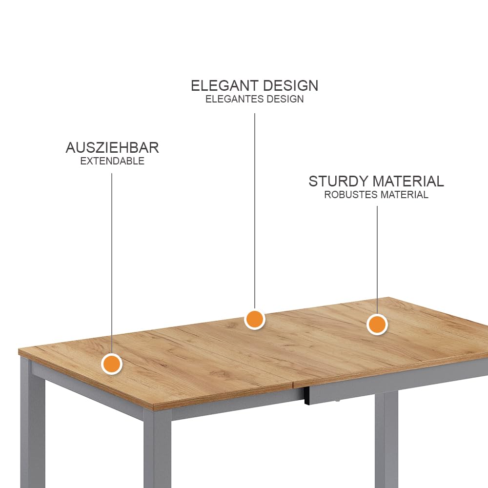 Vicco Table de Salle à Manger Granny, chêne/Gris, 120x70cm Extensible, avec Fonction d’Extension pour des Longueurs de Table Variables