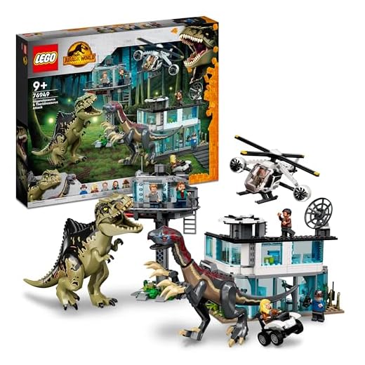 LEGO 76949 Jurassic World Giganotosaurus & Therizinosaurus Angriff Set mit Spielzeug-Hubschrauber, Garage, Auto und 2 Dinosaurier-Figuren