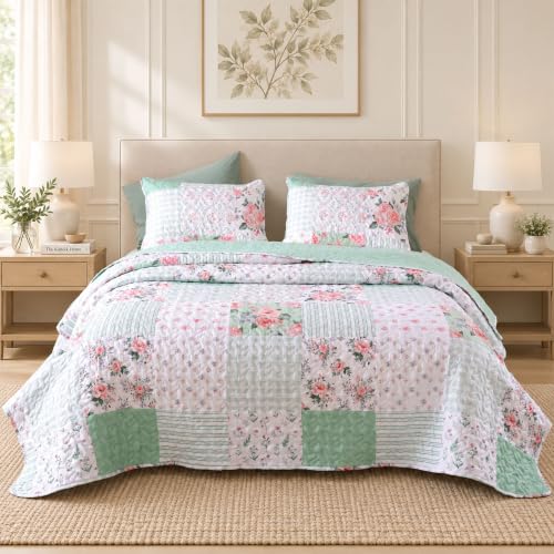 YIKUSH Floral Quilt Set King Size – Ultra Soft Lightweight Bedspread, 3 Piece Green Bedding Set (104"x90") with Pillowcases (20"x36"), All Season Coverlet for Bedroom & Guest Room