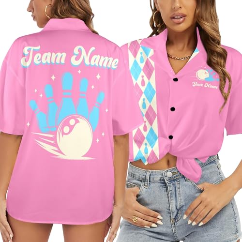 Personalized Women’s Bowling Shirt – Retro Custom Team Name Button Down Top, Vintage Bowling Team Uniform
