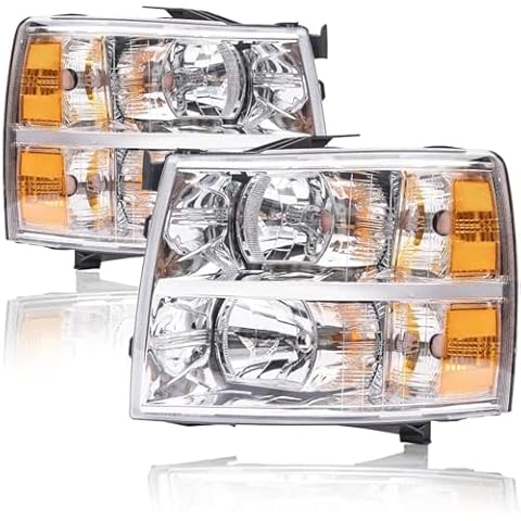 G-PLUS Headlights Assembly, Compatible with 2007-2013 Chevy Silverado/Fit Chevy Silverado 2500 HD 3500 2007-2014 Bumper Headlamp, Clear lens Chrome Housing Amber Reflector Cover