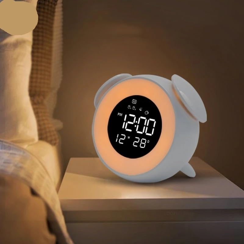 Musik-LED-Wecker, Umgebungslicht, LED-Wecklicht, Uhr mit Sonnenuntergang-Modus, Kinder-Cartoon-Nachttisch (Farbe: Weiß)